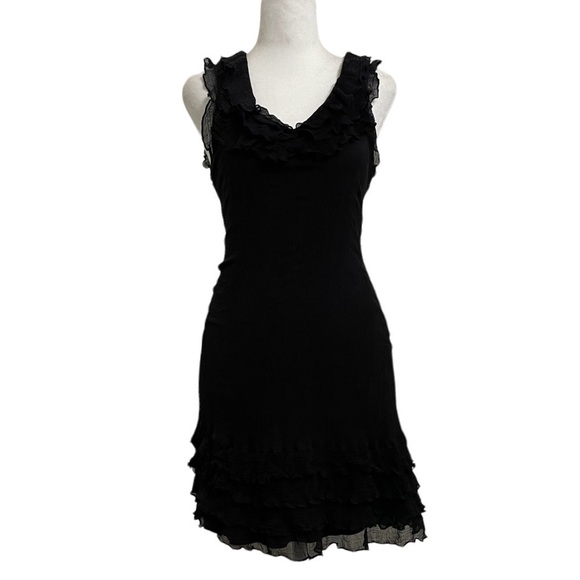 Knitted Dove Black Crinkle Crepe Ruffles Sleeveless Mini Stretch Dress - Picture 1 of 13